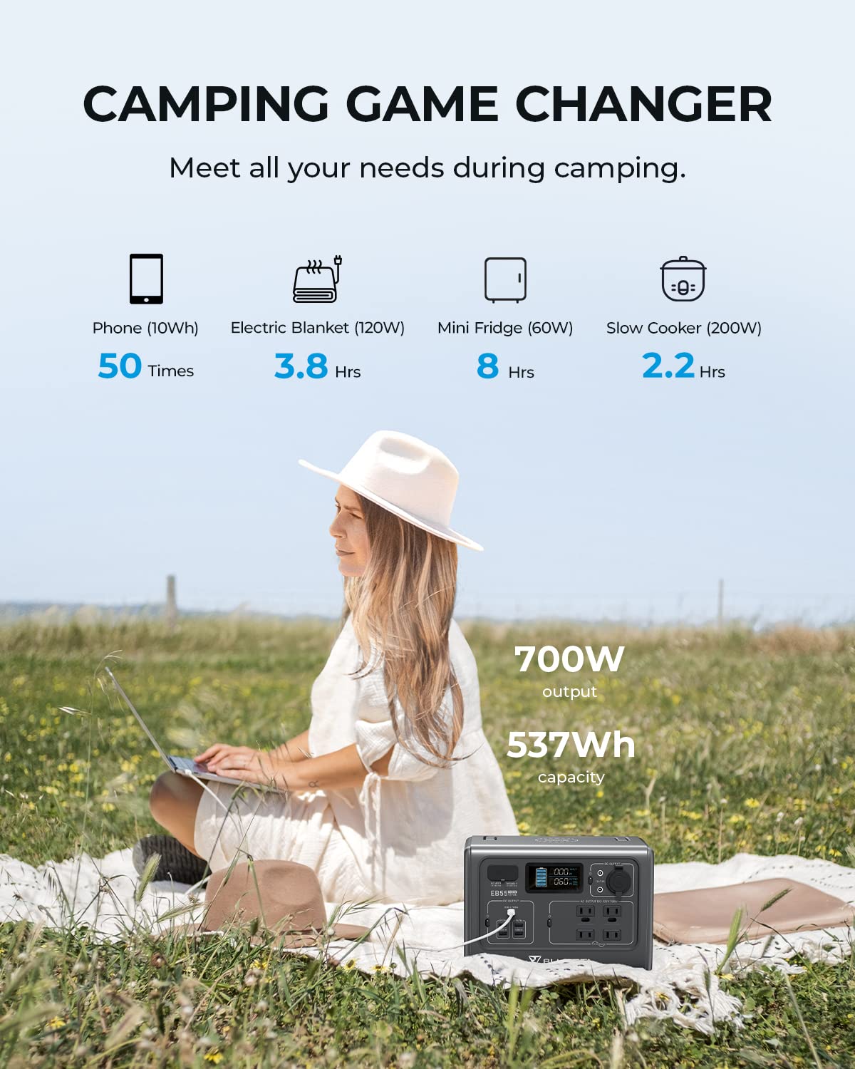 BLUETTI Solar Generator EB55 with PV200 Solar Panel Included, 537Wh Portable Power Station w/ 4 110V/700W AC Outlets, LiFePO4 Battery Pack for Camping, Adventure, Emergency