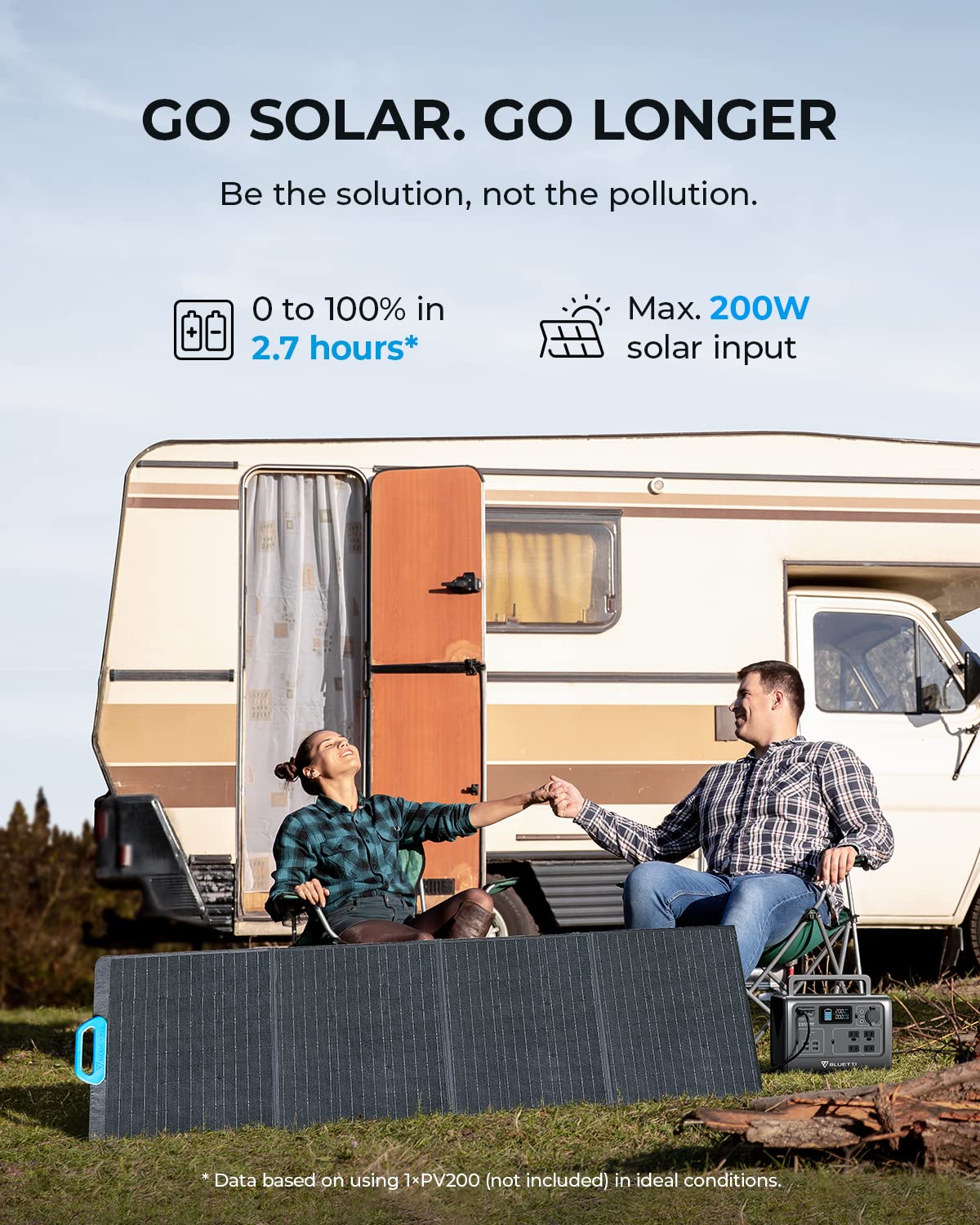 BLUETTI Solar Generator EB55 with PV200 Solar Panel Included, 537Wh Portable Power Station w/ 4 110V/700W AC Outlets, LiFePO4 Battery Pack for Camping, Adventure, Emergency